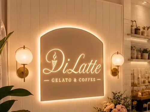 The backlit DiLatte sign on the shiplap wall, flanked by brass globe sconces and a vase of roses