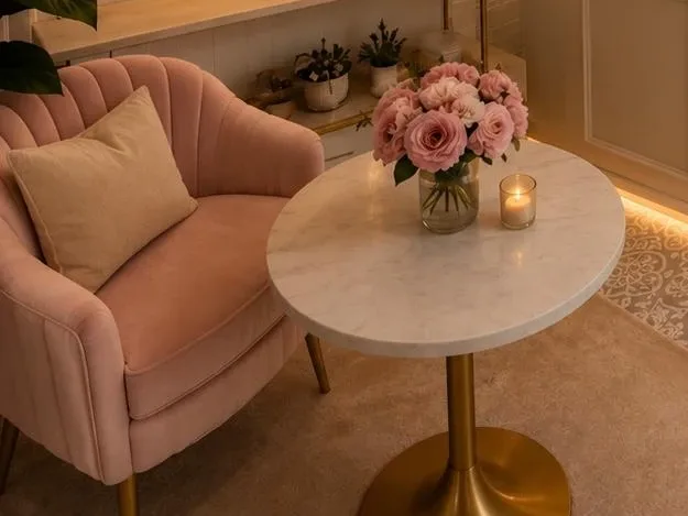 A blush velvet armchair beside a marble café table with pink roses and a lit candle inside DiLatte