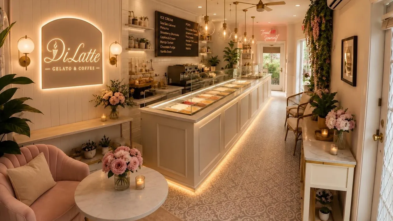 Inside DiLatte: the backlit logo wall, brass pendants, a long gelato case and a blush velvet armchair beside a marble table of roses