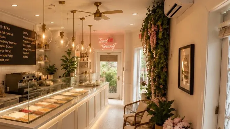 The counter at DiLatte under brass pendant lights, with the Treat Yourself neon sign and the doorway to Atlantic Avenue